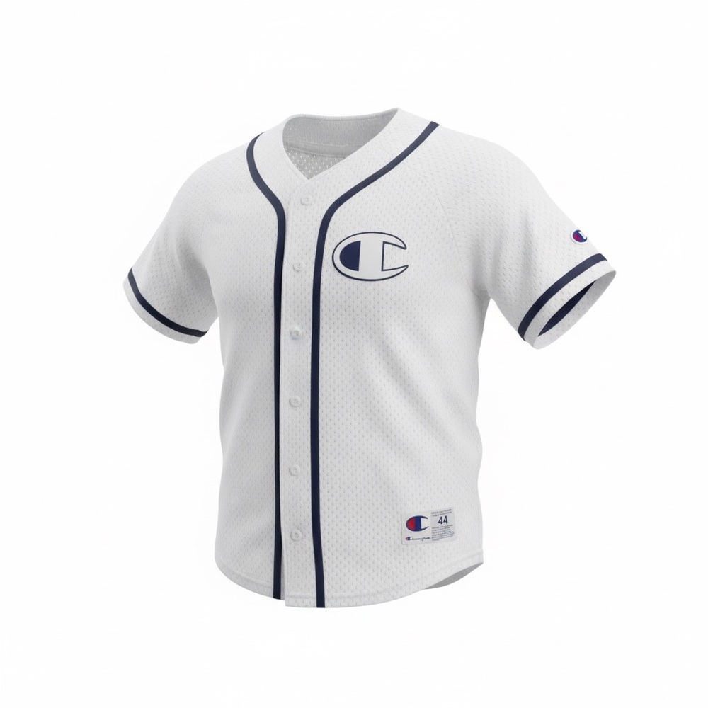 Champion Men’s White/Blue V-Neck  Button Up Logo Mesh Jersey Size Large